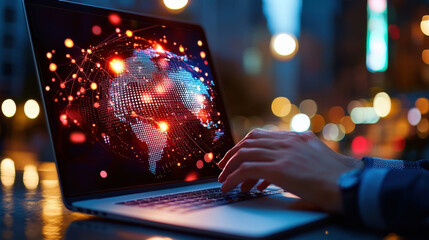 Aufkleber - business professional analyzing global trade data on laptop, showcasing digital world map with glowing connections. scene conveys sense of innovation and connectivity