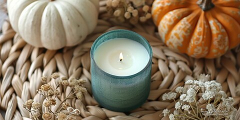 Wall Mural - Warm candlelight flickers beside autumn pumpkins and dried flowers in a cozy arrangement during the fall season