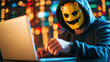 © KM - person wearing yellow mask and hoodie is using laptop in dimly lit environment with colorful lights in background, creating mysterious atmosphere