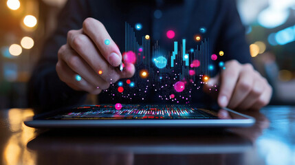 Poster - market researcher analyzing data on tablet, visualizing information with colorful graphs and charts. scene captures essence of data analysis and technology