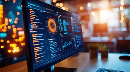 Poster - close up of high tech computer screen displaying data analytics and visualizations in modern office environment, showcasing advanced technology and vibrant colors