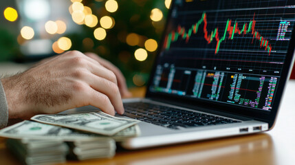 Poster - Analyzing financial charts on laptop with cash nearby, showcasing investment strategies and market trends. scene reflects modern approach to finance and trading