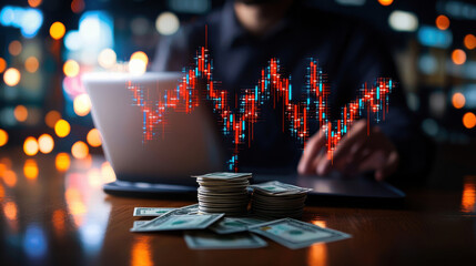Poster - Analyzing financial charts with laptop and stacks of cash, showcasing investment trends and market analysis