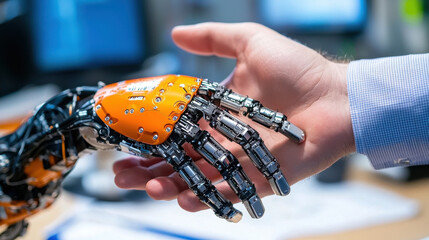 Fototapete - robotic hand interacts with human hand, showcasing advanced technology and innovation in robotics. This close up emphasizes connection between humans and machines