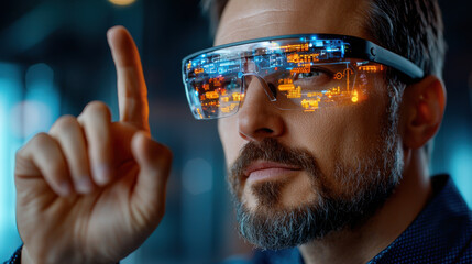 Fototapete - close up of man wearing futuristic wearable device, showcasing digital interfaces and data projections. innovative technology highlights modern advancements in smart eyewear