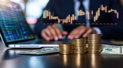 Poster - Financial data analysis with coins and cash on desk