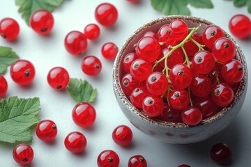 Wall Mural - Juicy red currants in a bowl surrounded by leaves on a light surface captured during daylight in a kitchen setting