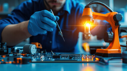 Aufkleber - close up of engineer working on circuit board with soldering tool, showcasing precision and focus in well lit workspace