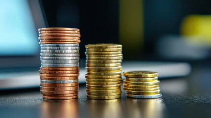 Poster - close up of stacked coins in various colors next to financial reports, symbolizing wealth and investment. image conveys sense of financial growth and planning