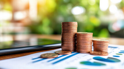 Leinwandbilder - Close up of stacked coins on financial documents, representing investment growth and market analysis. background features blurred green environment, enhancing financial theme