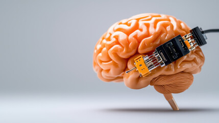 Fototapete - conceptual depiction of brain with neural interface, showcasing technology and biology integration. This evokes curiosity about future of human enhancement and connectivity