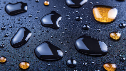Aufkleber - Close up shot of water droplets on smooth black surface, showcasing reflections and textures. droplets vary in size and shape, creating intriguing visual effect