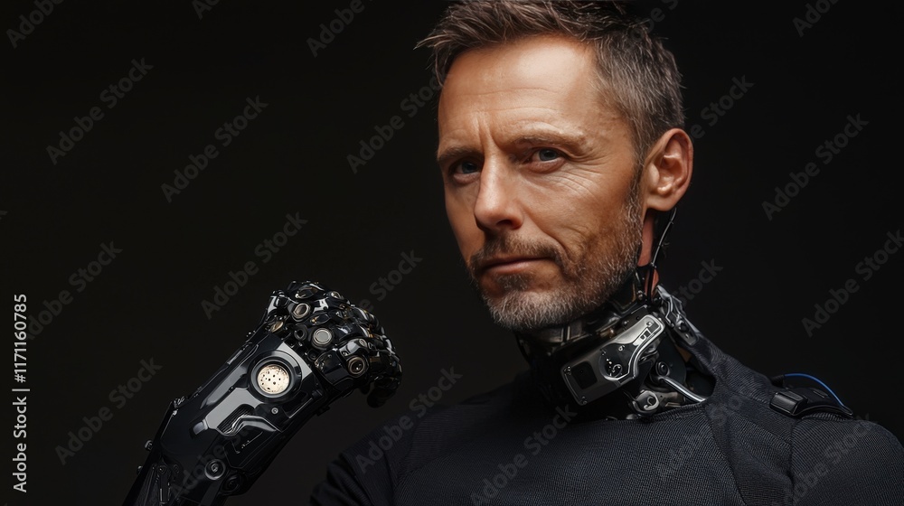 Guy Riding Robot Arm Here, a confident man showcases his advanced robotic arm, depicting the ...