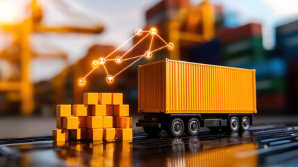Aufkleber - model truck with orange container is parked near stacked cargo boxes, symbolizing logistics and supply chain management. background features blurred shipping containers, enhancing industrial theme