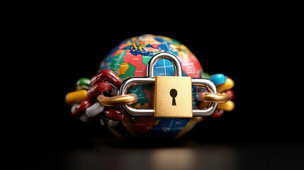 Poster - conceptual image of globe secured with digital lock, symbolizing global security and protection. vibrant colors of globe represent diversity and interconnectedness