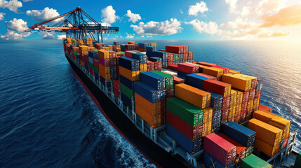 Poster - cargo ship loaded with colorful containers sails across ocean under bright sky, symbolizing global trade and commerce. scene captures essence of maritime logistics and transportation