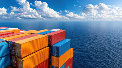 Poster - vibrant view of cargo containers stacked on ship against serene ocean backdrop, showcasing global trade and maritime logistics