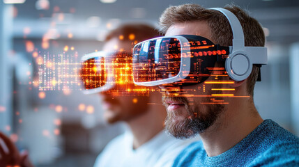Poster - Immersive virtual reality experience with cybersecurity experts using VR glasses. They interact with digital data visualizations, showcasing advanced technology and innovation