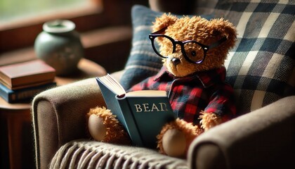 Wall Mural - Teddy bear wearing glasses and reading a book in a cozy chair...Concept: Reading, learning, education, cozy, teddy bear, intellectual...