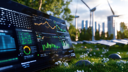 Poster - digital dashboard displaying data on renewable energy trends, featuring graphs and statistics, with wind turbines and solar panels in background, showcasing sustainable future