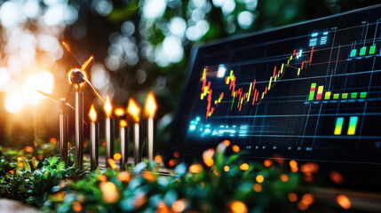 Poster - digital dashboard displaying financial data with nature backdrop, featuring candles and greenery, symbolizes growth and sustainability in investment