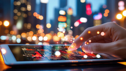 Leinwandbilder - hand interacting with tablet displaying digital data in cityscape. vibrant lights create dynamic atmosphere, showcasing technology and urban life