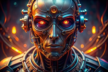 Poster - Surreal Cyborg Robot Head Close-up: AI-Generated Photography