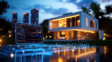 Fototapete - digital mock up of smart home with interconnected devices, showcasing modern architecture and technology. scene is illuminated at dusk, highlighting innovation and comfort