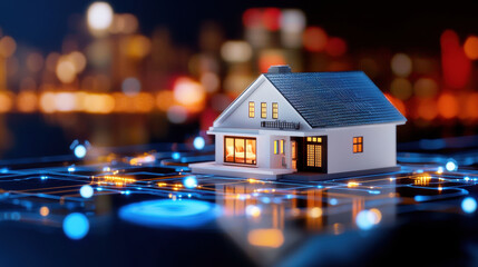 Fototapete - digital mock up of smart home with interconnected devices, showcasing modern technology and urban ambiance. illuminated house stands out against vibrant city backdrop