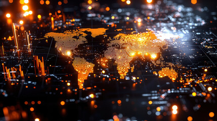 Poster - digital world map with highlighted countries, showcasing vibrant network of connections and data points. glowing orange elements create futuristic atmosphere