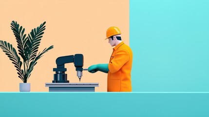 Poster - Construction worker using machine tool at industrial workplace
