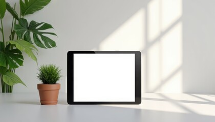 Aufkleber - Tablet mockup with potted plant on flat surface in natural light