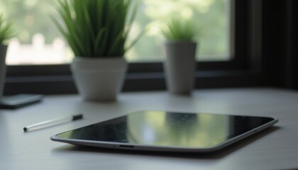 Aufkleber - Close-up tablet mockup with plant background and minimal design