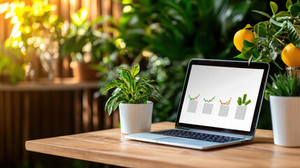 Aufkleber - laptop on wooden table surrounded by plants, showcasing vibrant workspace. greenery adds refreshing touch, creating serene atmosphere for productivity