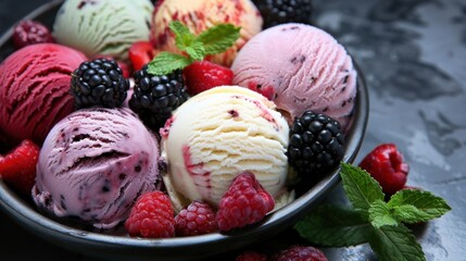 Wall Mural - Colorful assortment of artisan ice cream served with fresh berries in a black bowl on a dark background