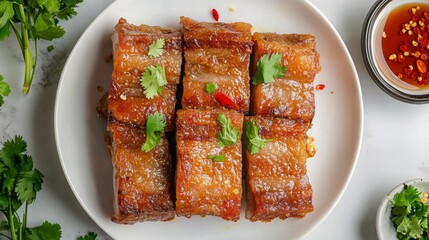 Poster - A top-down view of crispy pork belly on a white plate, garnished with coriander and chili peppers, ready to be enjoyed with a small bowl of fish sauce on the side.