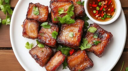 Poster - A top-down view of crispy pork belly on a white plate, garnished with coriander and chili peppers, ready to be enjoyed with a small bowl of fish sauce on the side.