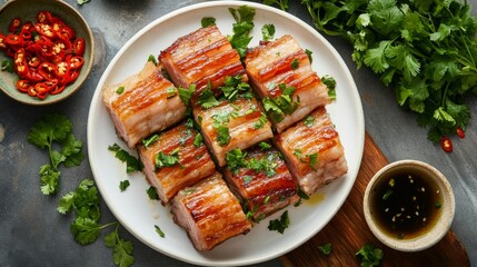 Poster - A top-down view of crispy pork belly on a white plate, garnished with coriander and chili peppers, ready to be enjoyed with a small bowl of fish sauce on the side.