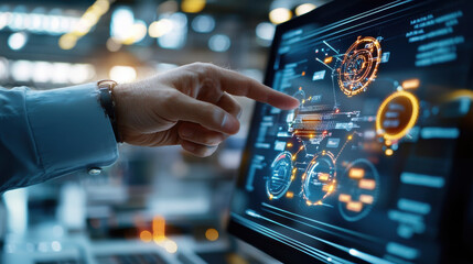 Aufkleber - Futuristic workspace with holographic screens displaying data and analytics, showcasing advanced technology and user interaction