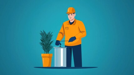 Poster - Industrial Worker in Orange Uniform Standing at Podium with Potted Plant
