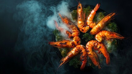 Poster - A top-down view of large grilled prawns arranged in a circle on a platter, with steam rising and a golden-brown char on the prawns shells.