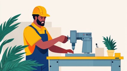 Poster - Hardworking Construction Worker Using Power Drill on Workbench with Industrial Tools