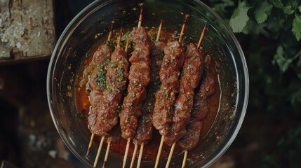 Canvas Print - A top-down view of skewered kebabs marinating in a bowl, surrounded by fresh herbs and spices, showcasing the preparation process for a delicious meal.