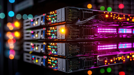 Poster - High tech server room with glowing data storage racks, showcasing vibrant lights and advanced technology. atmosphere is dynamic and modern, reflecting innovation and efficiency