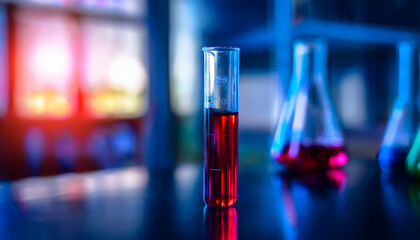 close up of a red chemical liquid in test tube, blurrylaboratory background made with generative ai