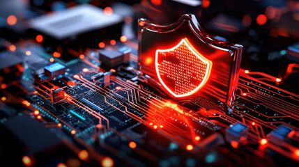 Aufkleber - digital shield symbolizing cybersecurity, composed of code fragments, glows on circuit board. This represents protection and technology in modern digital landscape