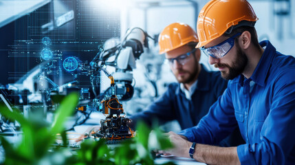 Leinwandbilder - Modern workspace featuring autonomous systems and engineers collaborating. scene showcases advanced technology, innovation, and teamwork in high tech environment