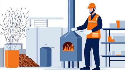 Poster - Industrial Worker Tending to Furnace in Workshop