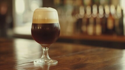 Aufkleber - A tulip glass filled with a dark stout beer, creamy foam on top, placed on a polished wooden bar with warm lighting and blurred bottles in the background.