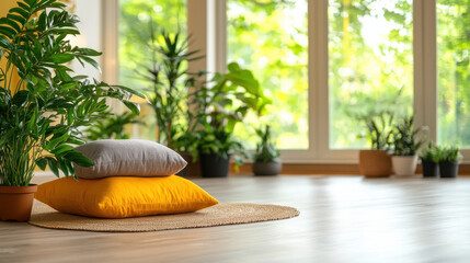 Poster - serene meditation room featuring vibrant plants and cozy cushions, creating tranquil atmosphere for relaxation and mindfulness. natural light enhances peaceful setting